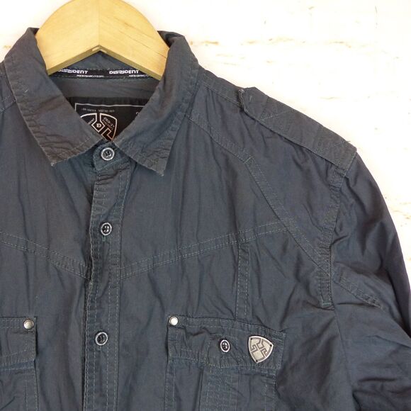 Dissident Shirt Mens L Gray Long Sleeve Button Military Utility Pockets Rock Y2K - Picture 4 of 12